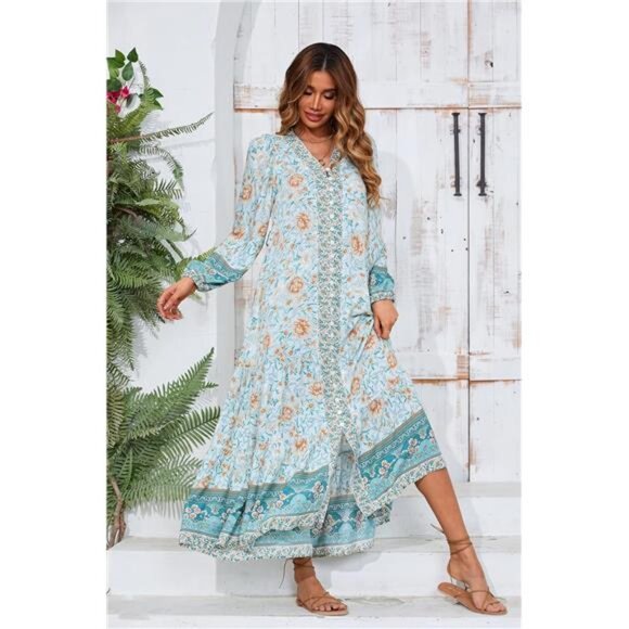 Women's Long Sleeve Boho Midi Dress V Neck Blue - Picture 1 of 6